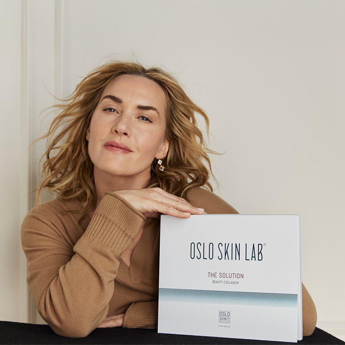 Närbild på Kate Winslet och The Solution Beauty collagen från Oslo Skin Lab